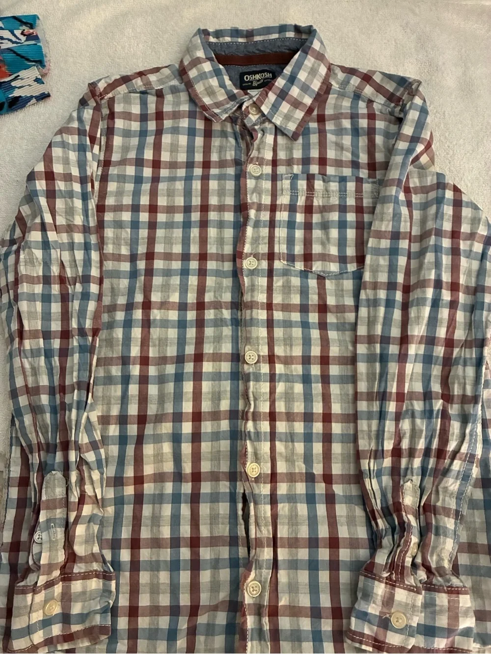 Pre-owned OshKosh B'gosh Youth’s Plaid Button-Down Shirt - White, Blue & Brown